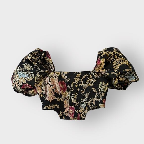 BOUTIQUE PUFF SLEEVE BUSTIER BROCADE JACQUARD CROP TOP, MEDIUM - Picture 2 of 10